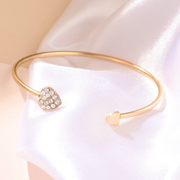 3/$35 Gold Plated Bangle Bracelet Double Heart Rhinestone Diamond Crystal - Picture 1 of 5